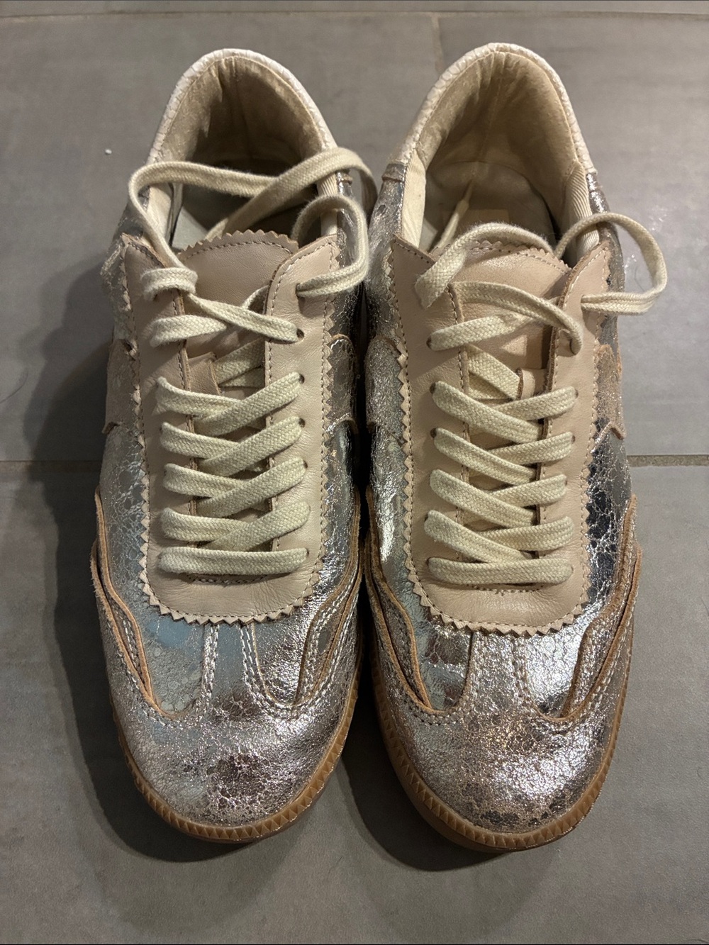 Dolce Vita Metallic Silver and Cream Women's Lace-Up Sneakers